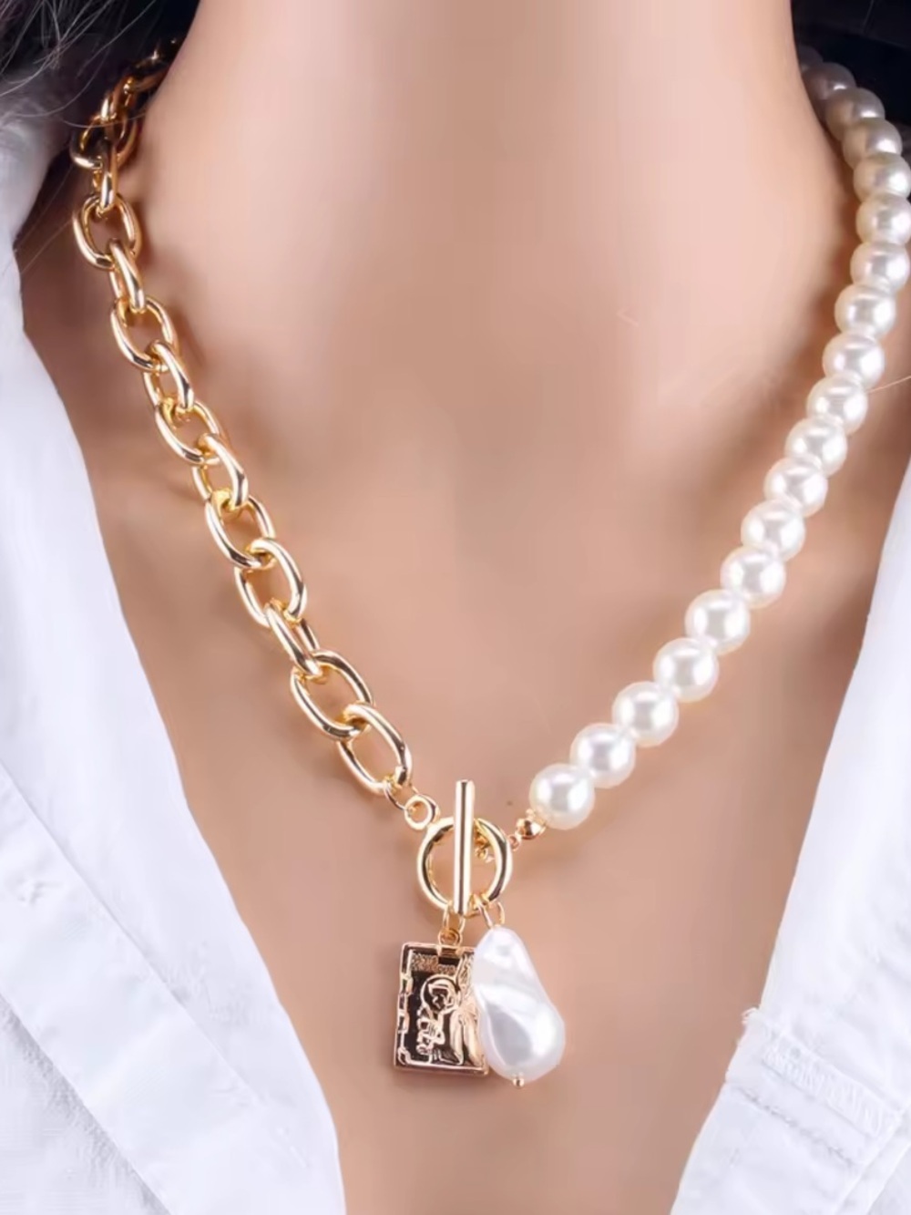 Opulent Pearl & Gold Asymmetrical Toggle  Collar Necklace